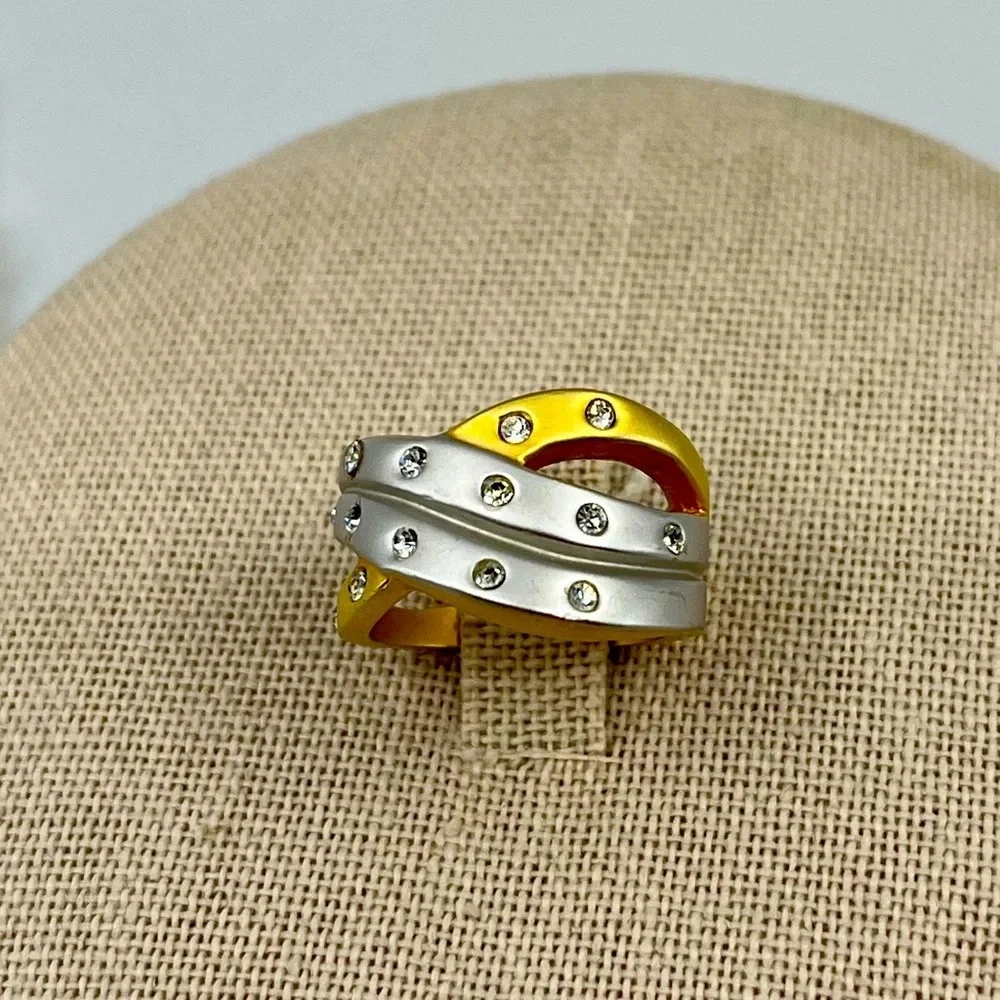 Two-Tone Gold & Silver Crystal Statement Ring, Size 5 - Picture 1 of 12
